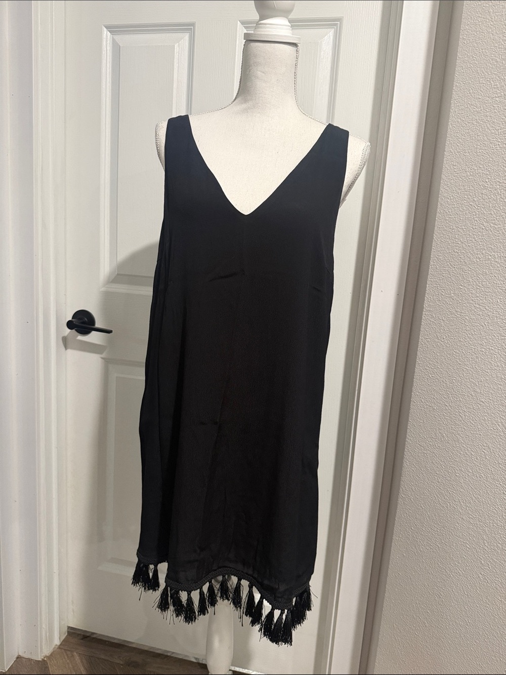Lulu's Black V-Neck Tassel Hem Dress